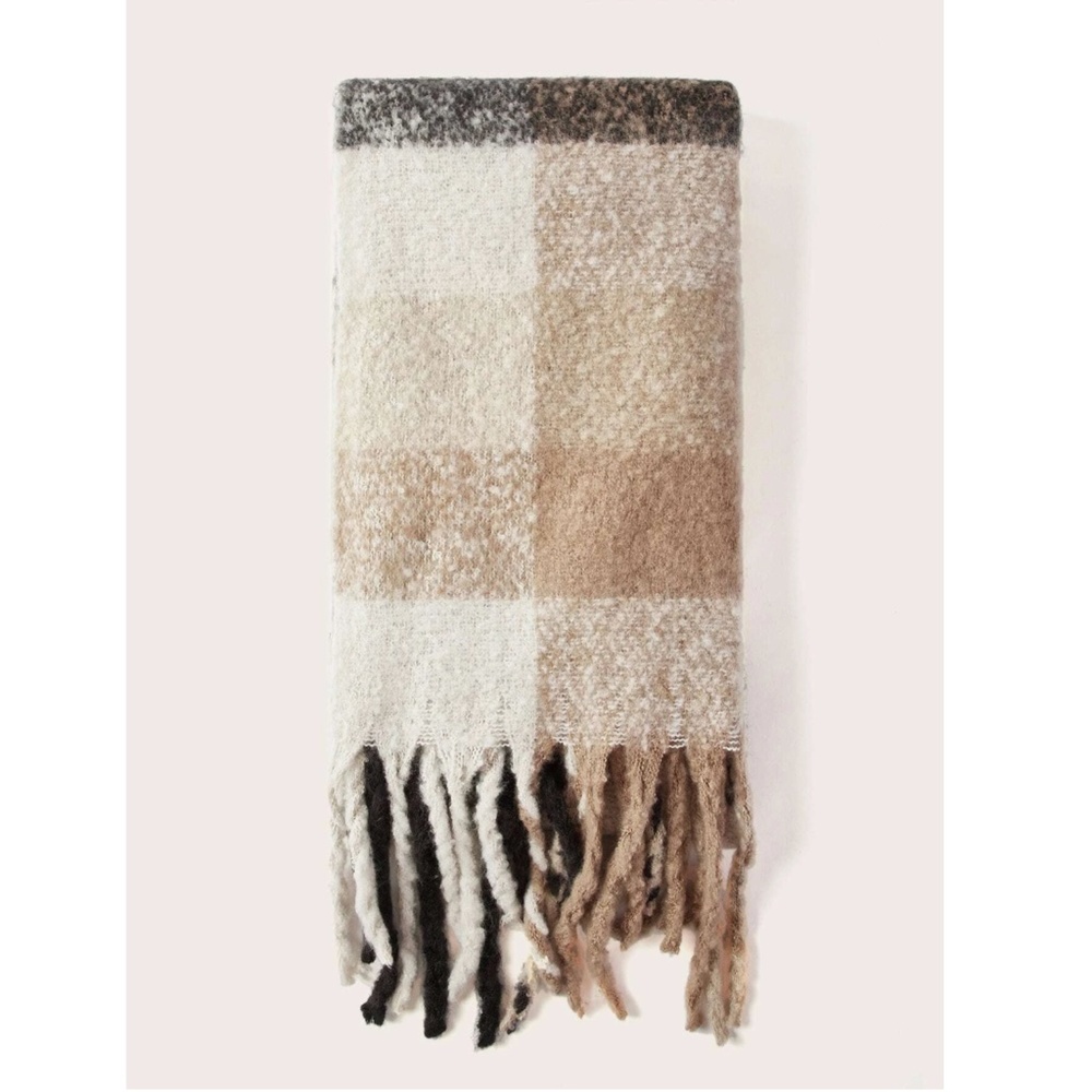 Colorblock Plaid Knit Pastel Colors Wide Scarf Beige Tan Cream Brown - Picture 4 of 8